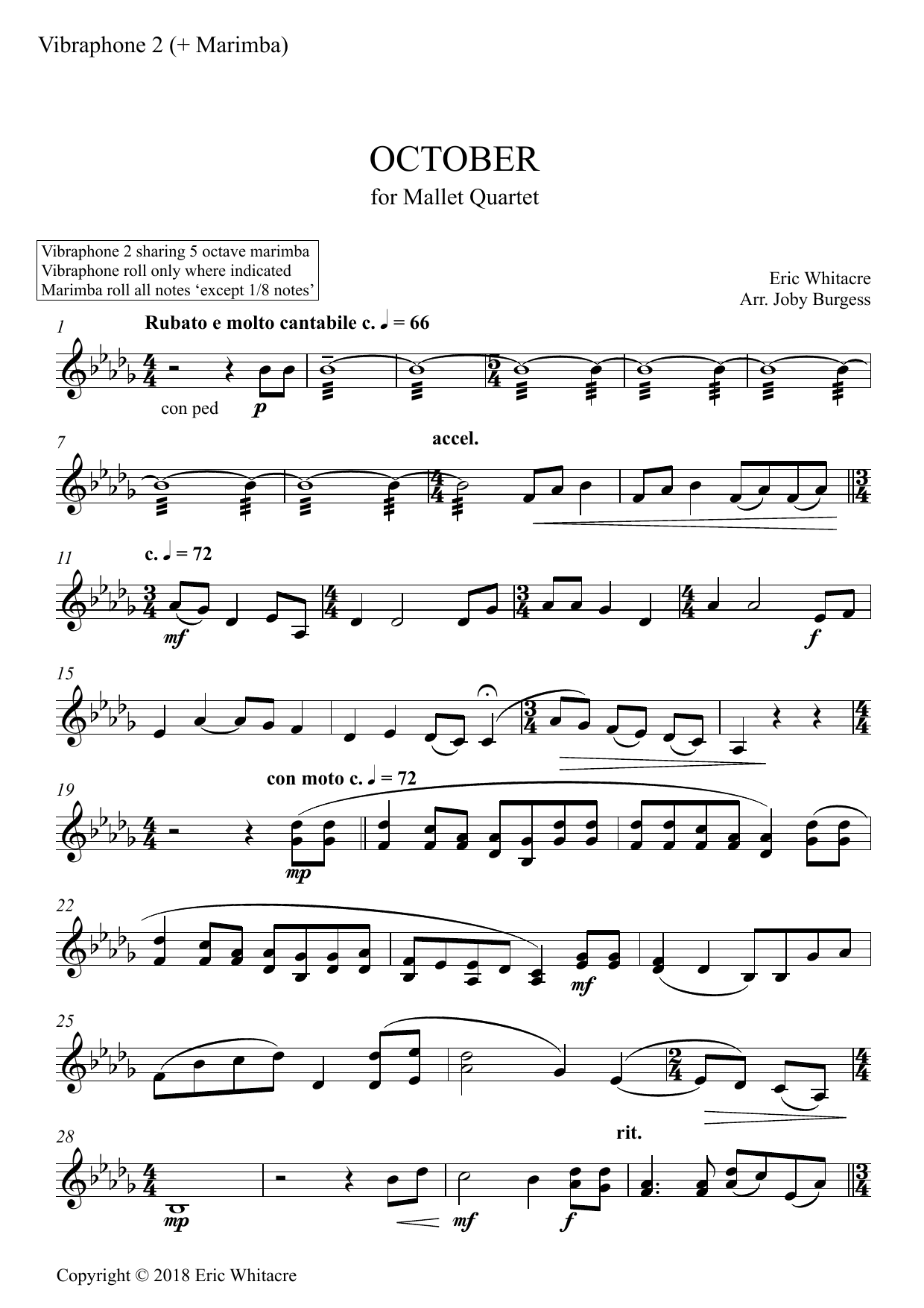 Learn to play Eric Whitacre October (Alleluia) for Mallet Quartet (arr. Joby Burgess) - VIBRAPHONE 2 SHARE MARIMBA 2 sheet music for Percussion Ensemble in minutes. Price: 4.4900$ Eric Whitacre October (Alleluia) for Mallet Quartet (arr. Joby Burgess) - VIBRAPHONE 2 SHARE MARIMBA 2 sheet music notes and chords arranged for Percussion Ensemble
