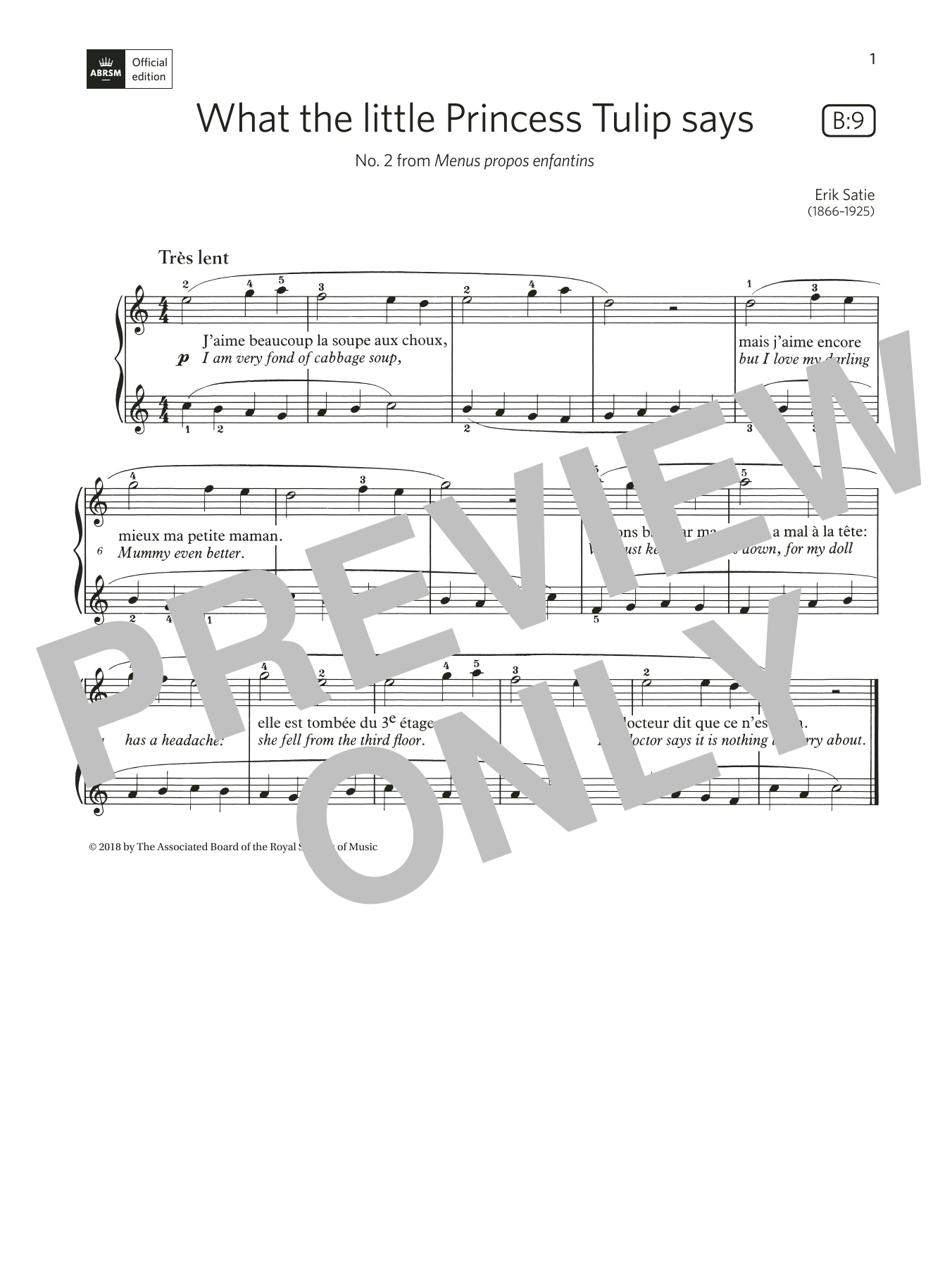 Learn to play Erik Satie What the Little Princess Tulip Says (Grade Initial, list B9, from ABRSM Piano Syllabus 2021 & 2022) sheet music for Piano Solo in minutes. Price: 3.9900$ Erik Satie What the Little Princess Tulip Says (Grade Initial, list B9, from ABRSM Piano Syllabus 2021 & 2022) sheet music notes and chords arranged for Piano Solo