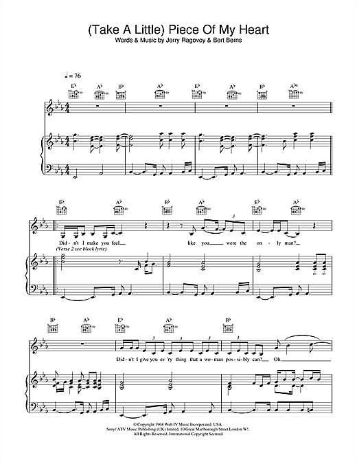 Erma Franklin (Take A Little) Piece Of My Heart sheet music notes and chords. Download Printable PDF.