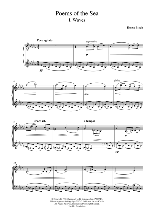 Learn to play Ernest Bloch Waves (from Poems Of The Sea) sheet music for Piano Solo in minutes. Ernest Bloch Waves (from Poems Of The Sea) sheet music notes and chords