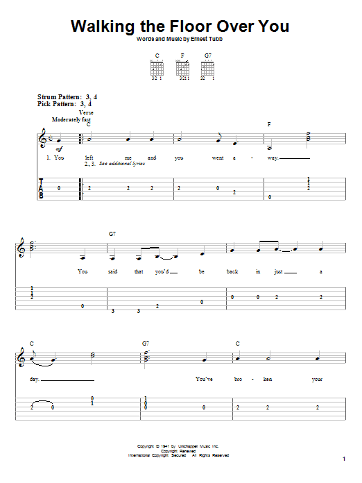 Learn to play Ernest Tubb Walking The Floor Over You sheet music for Easy Guitar Tab in minutes. Price: 5.9900$ Ernest Tubb Walking The Floor Over You sheet music notes and chords. Download Printable PDF.