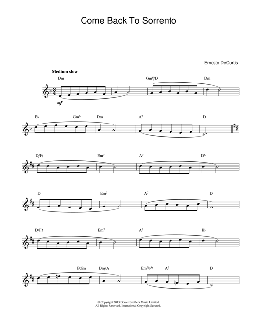 Learn to play Ernesto DeCurtis Come Back To Sorrento sheet music for Lead Sheet / Fake Book in minutes. Ernesto DeCurtis Come Back To Sorrento sheet music notes and chords