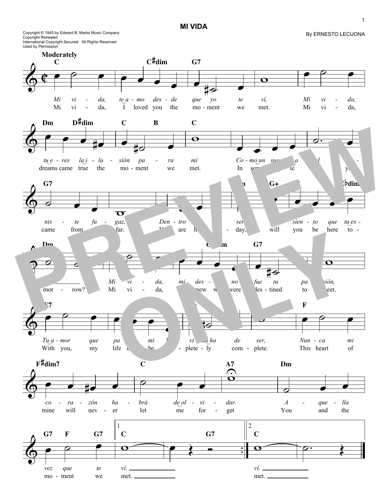 Ernesto Lecuona Mi Vida sheet music notes and chords. Download Printable PDF.