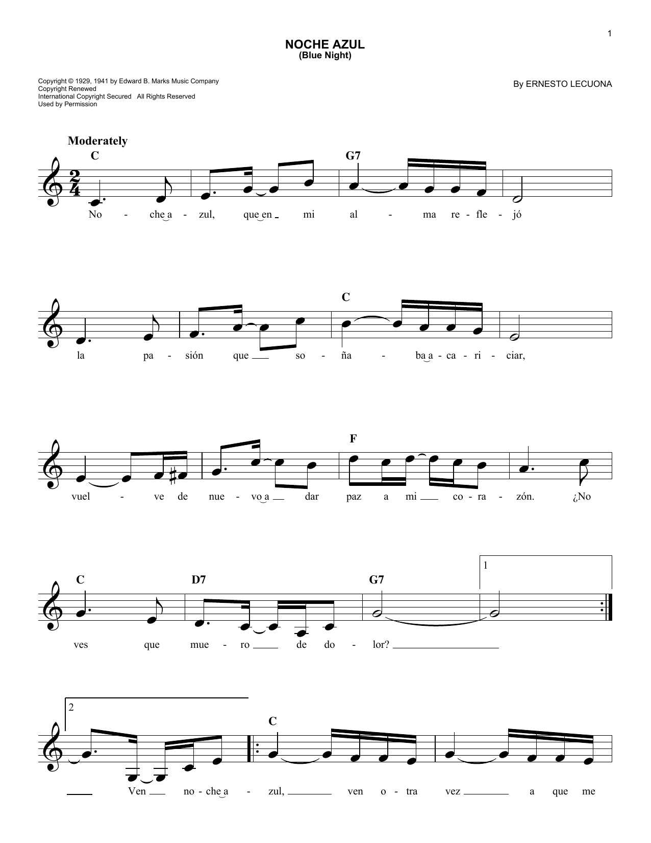 Learn to play Ernesto Lecuona Noche Azul (Blue Night) sheet music for Easy Lead Sheet / Fake Book in minutes. Price: 5.9900$ Ernesto Lecuona Noche Azul (Blue Night) sheet music notes and chords arranged for Easy Lead Sheet / Fake Book