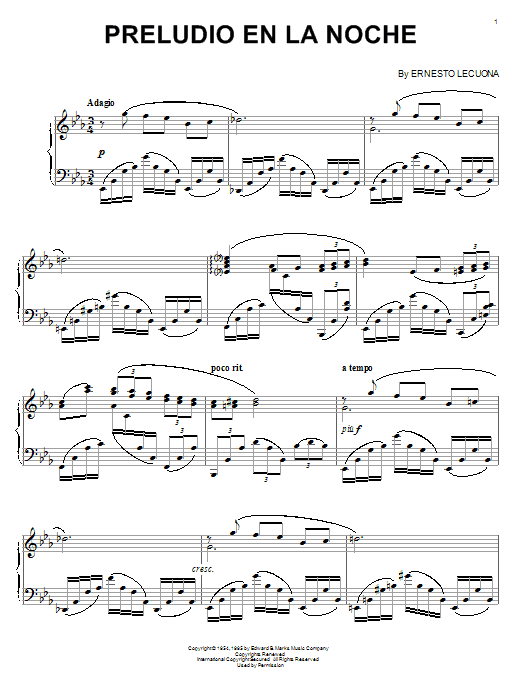 Learn to play Ernesto Lecuona Preludio En La Noche sheet music for Piano Solo in minutes. Ernesto Lecuona Preludio En La Noche sheet music notes and chords. Download Printable PDF.