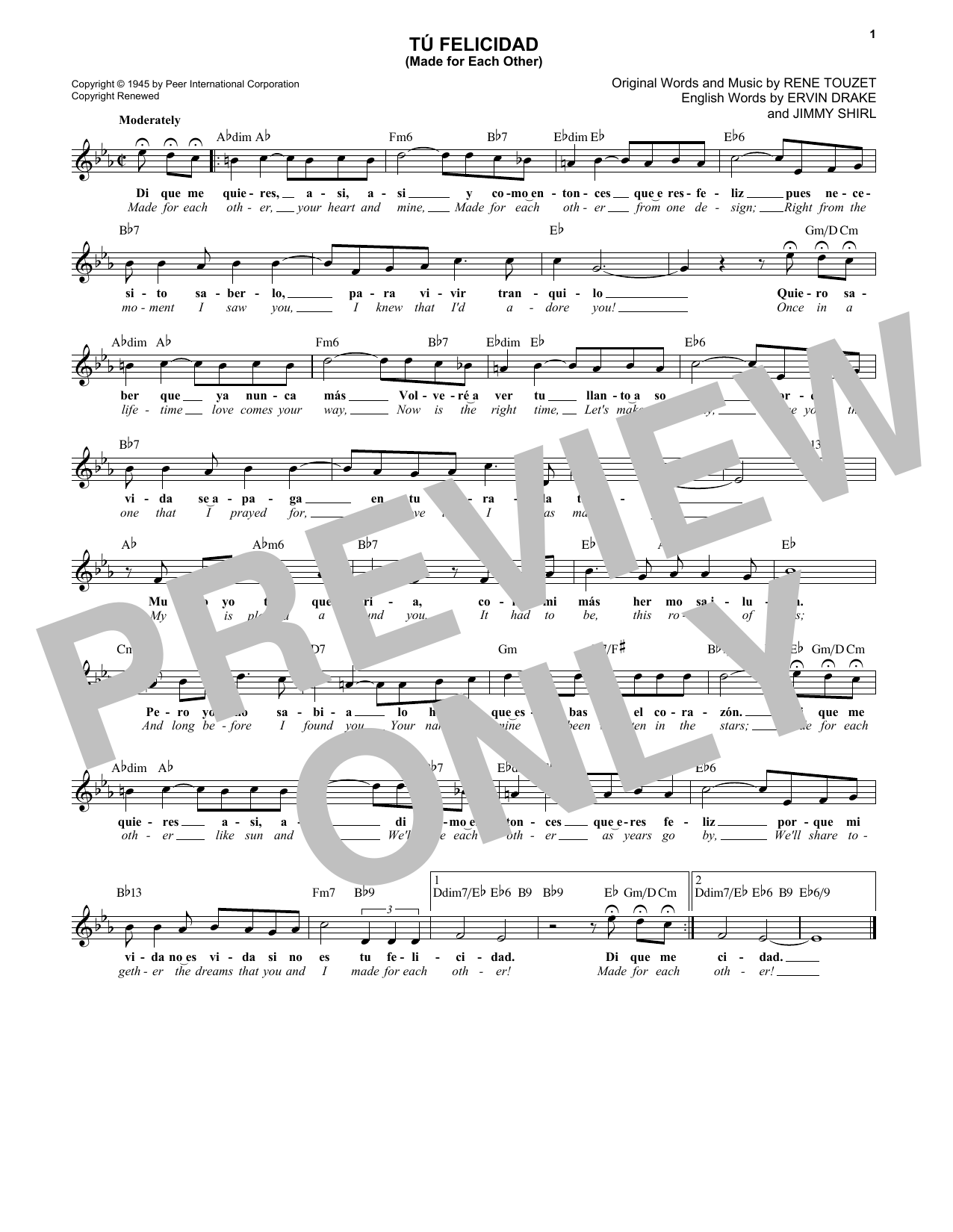 Learn to play Ervin Drake Tu Felicidad (Made For Each Other) sheet music for Lead Sheet / Fake Book in minutes. Price: 5.9900$ Ervin Drake Tu Felicidad (Made For Each Other) sheet music notes and chords arranged for Lead Sheet / Fake Book