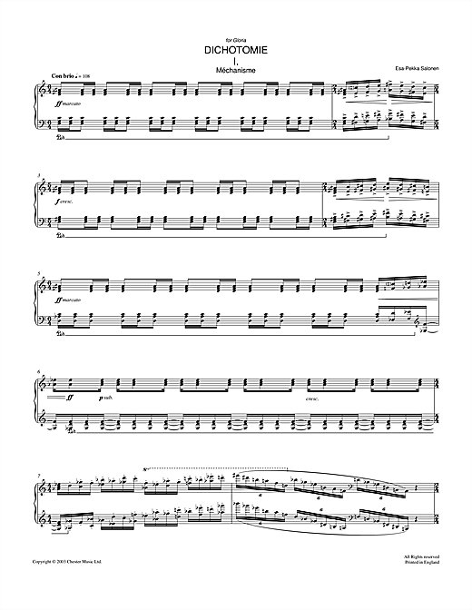 Learn to play Esa-Pekka Salonen Dichotomie I - Méchanisme sheet music for Piano Solo in minutes. Esa-Pekka Salonen Dichotomie I - Méchanisme sheet music notes and chords. Download Printable PDF.