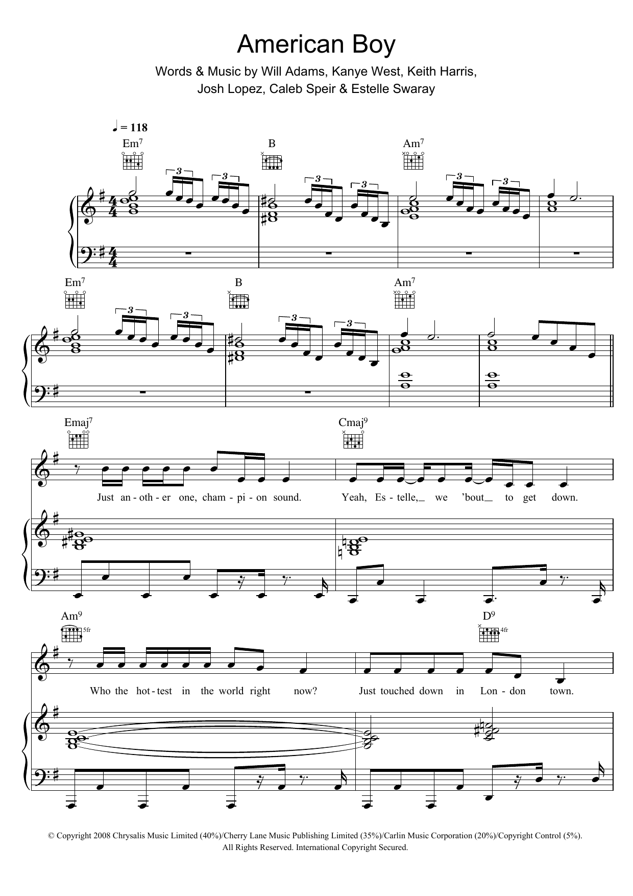 Estelle American Boy (feat. Kanye West) sheet music notes and chords. Download Printable PDF.