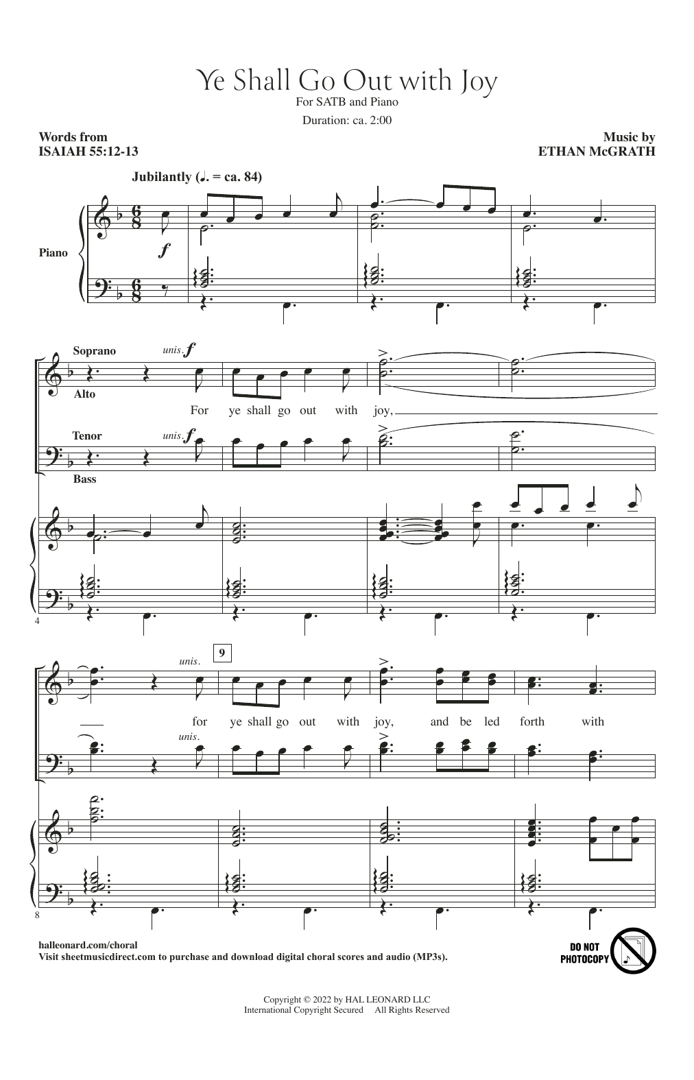Learn to play Ethan McGrath Ye Shall Go Out With Joy sheet music for SATB Choir in minutes. Price: 3.9900$ Ethan McGrath Ye Shall Go Out With Joy sheet music notes and chords arranged for SATB Choir