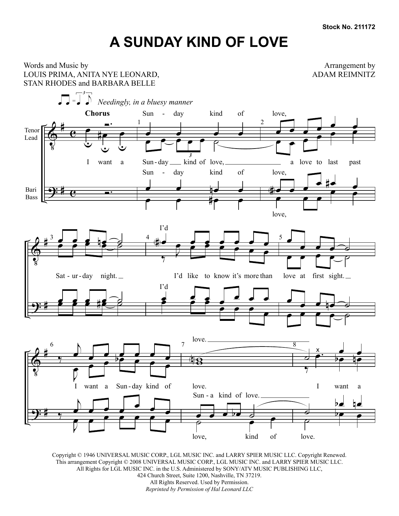 Learn to play Etta James A Sunday Kind of Love (arr. Adam Reimnitz) sheet music for TTBB Choir in minutes. Price: 3.9900$ Etta James A Sunday Kind of Love (arr. Adam Reimnitz) sheet music notes and chords arranged for TTBB Choir