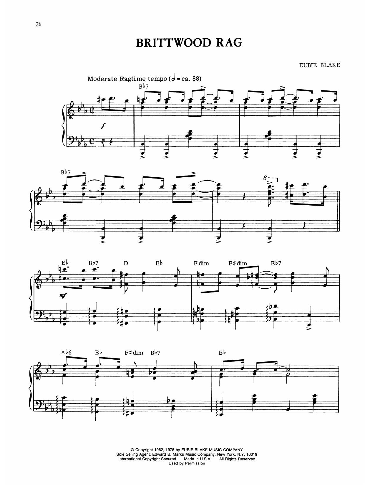 Eubie Blake Brittwood Rag sheet music notes and chords. Download Printable PDF.