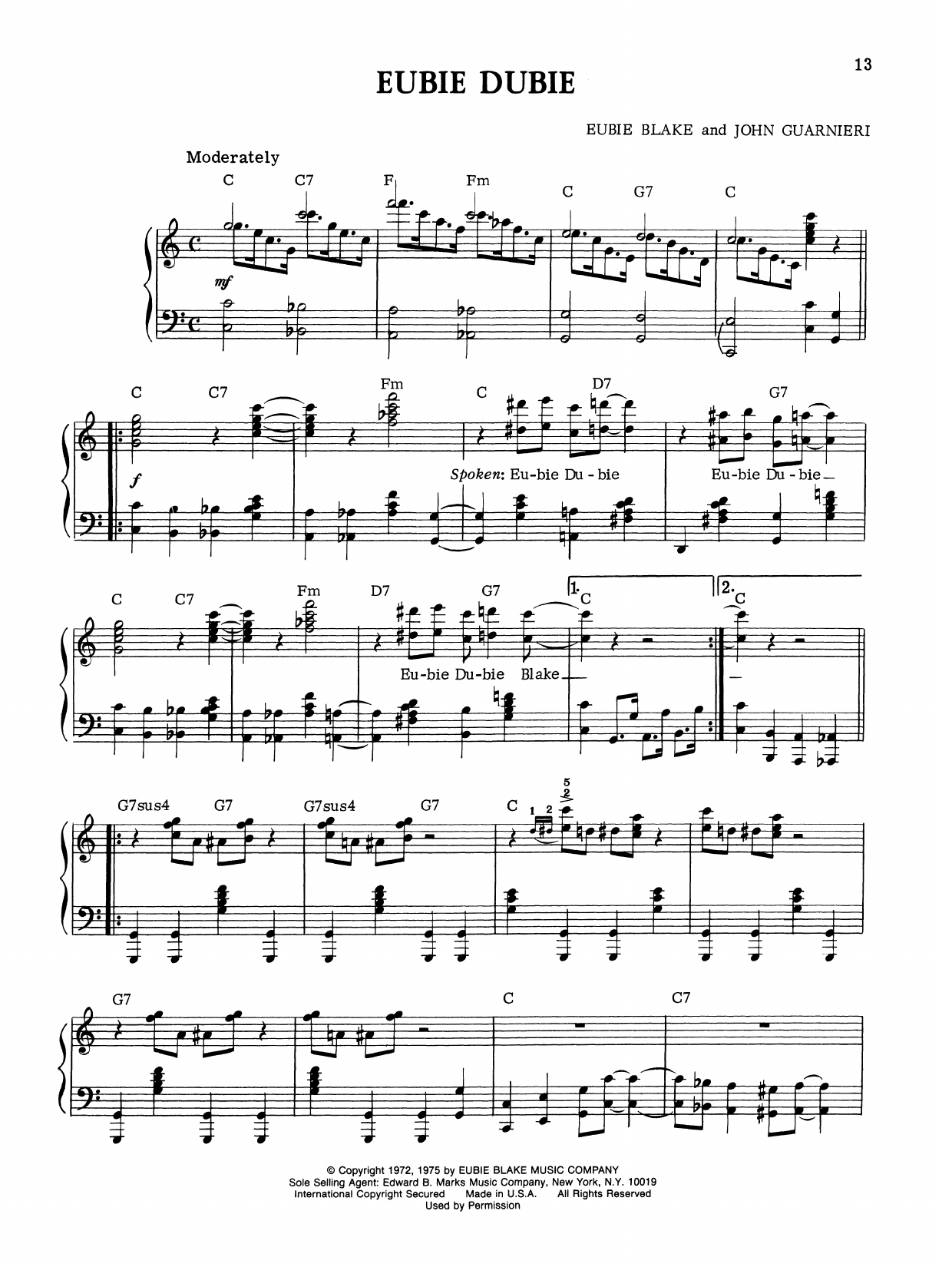 Eubie Blake Eubie Dubie sheet music notes and chords. Download Printable PDF.