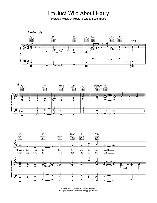 Learn to play Eubie Blake I'm Just Wild About Harry sheet music for Piano, Vocal & Guitar (Right-Hand Melody) in minutes. Eubie Blake I'm Just Wild About Harry sheet music notes and chords. Download Printable PDF.