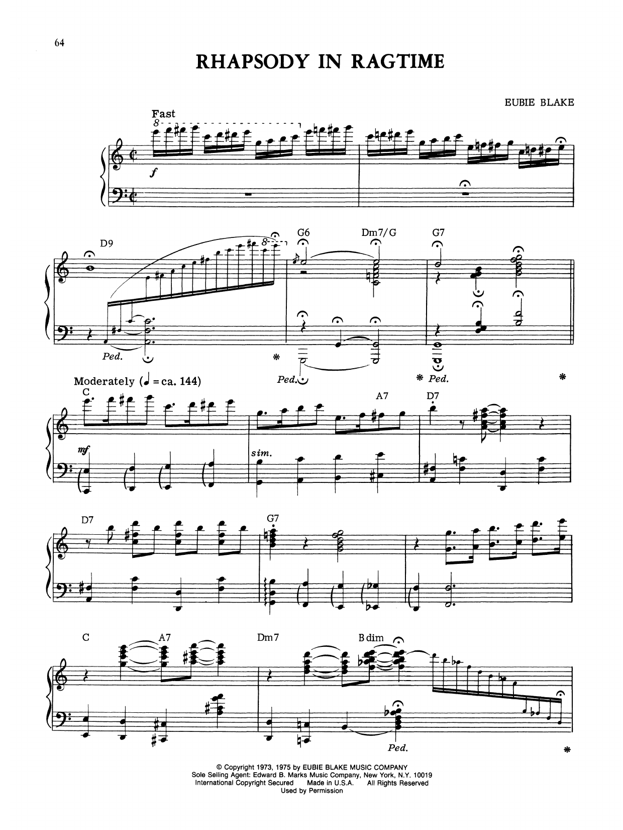 Eubie Blake Rhapsody In Ragtime sheet music notes and chords. Download Printable PDF.