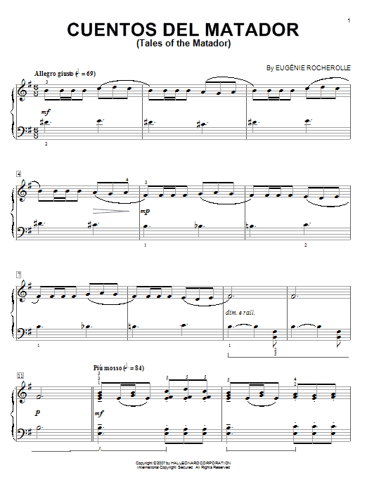 Learn to play Eugénie Rocherolle Cuentos Del Matador (Tales Of The Matador) sheet music for Piano Solo in minutes. Eugénie Rocherolle Cuentos Del Matador (Tales Of The Matador) sheet music notes and chords. Download Printable PDF.