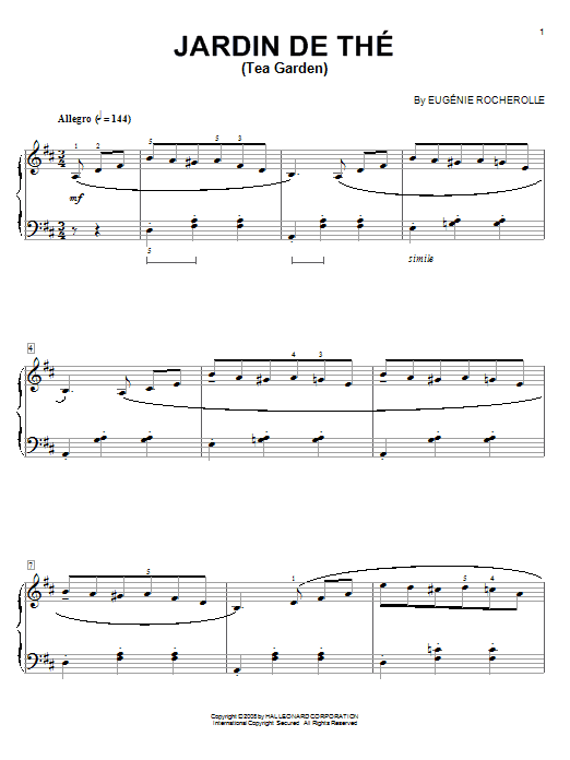 Learn to play Eugénie Rocherolle Jardin de The (Tea Garden) sheet music for Piano Solo in minutes. Eugénie Rocherolle Jardin de The (Tea Garden) sheet music notes and chords. Download Printable PDF.