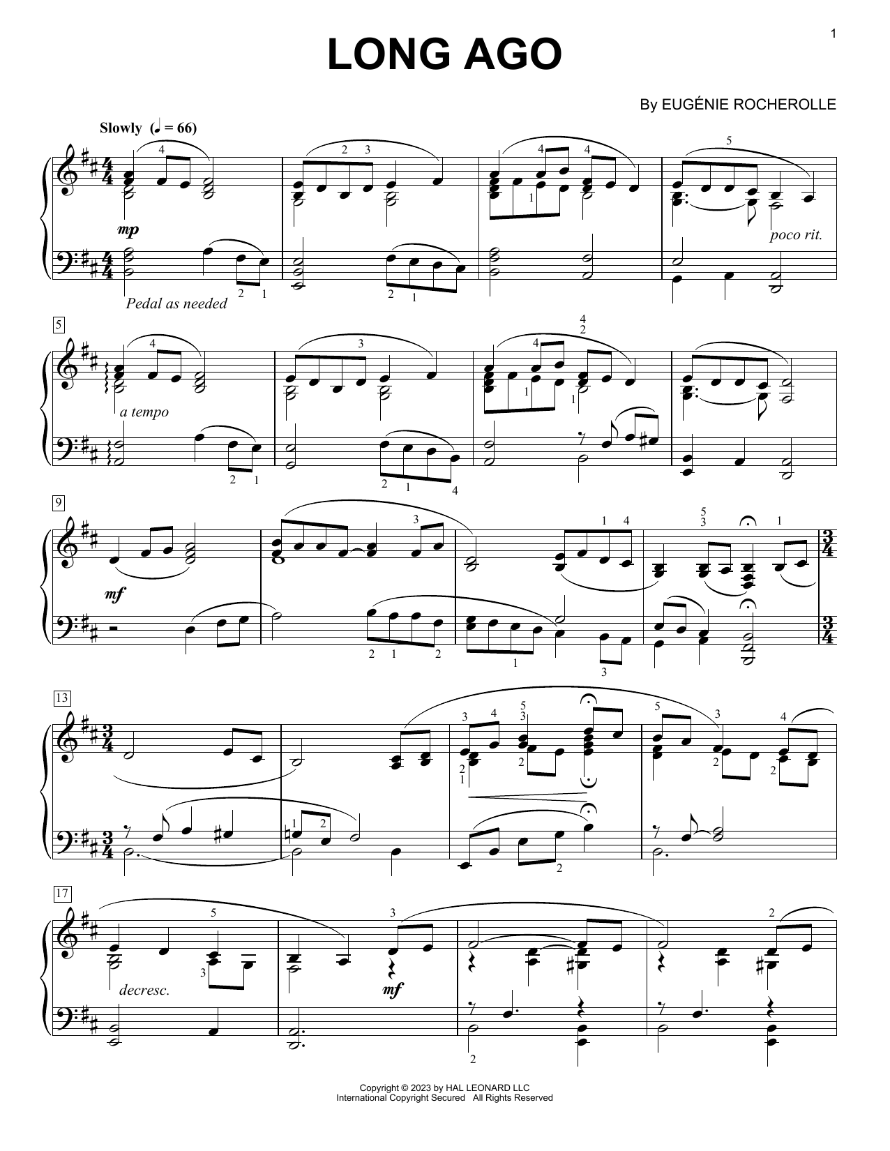 Eugénie Rocherolle Long Ago sheet music notes and chords. Download Printable PDF.