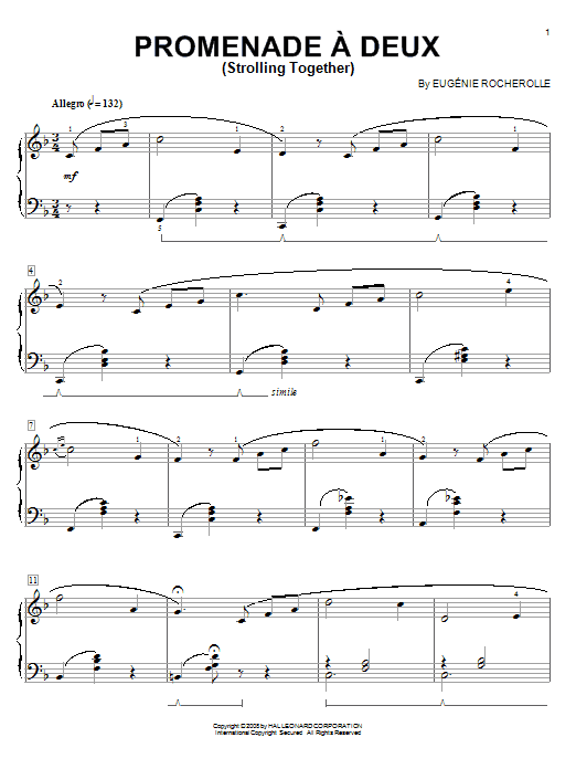 Learn to play Eugénie Rocherolle Promenade a Deux (Strolling Together) sheet music for Piano Solo in minutes. Eugénie Rocherolle Promenade a Deux (Strolling Together) sheet music notes and chords. Download Printable PDF.