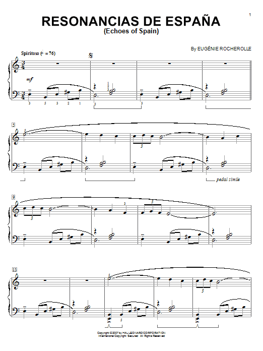 Learn to play Eugénie Rocherolle Resonancias De Espana (Echoes Of Spain) sheet music for Piano Solo in minutes. Eugénie Rocherolle Resonancias De Espana (Echoes Of Spain) sheet music notes and chords