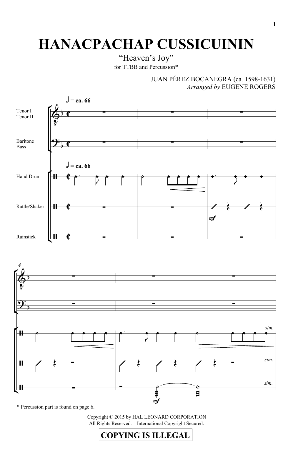 Eugene Rogers Hanacpachap Cussicuinin sheet music notes and chords. Download Printable PDF.