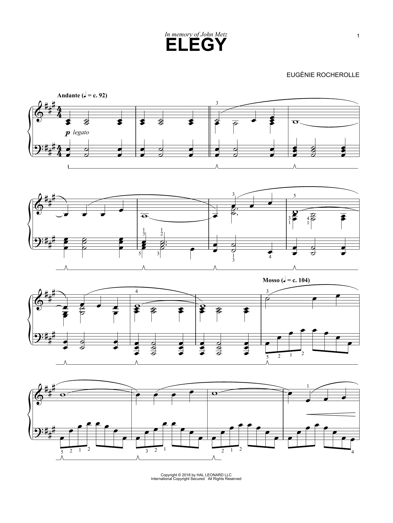 Learn to play Eugenie Rocherolle Elegy sheet music for Piano Solo in minutes. Eugenie Rocherolle Elegy sheet music notes and chords. Download Printable PDF.