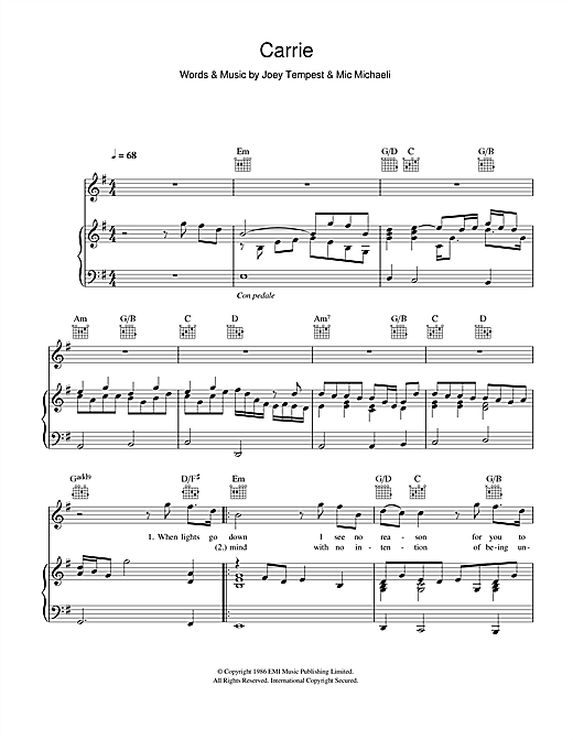 Europe "Carrie" Music PDF Notes, Chords | Pop Score Piano, Vocal & Guitar (Right-Hand Melody) Download Printable. SKU: 67531