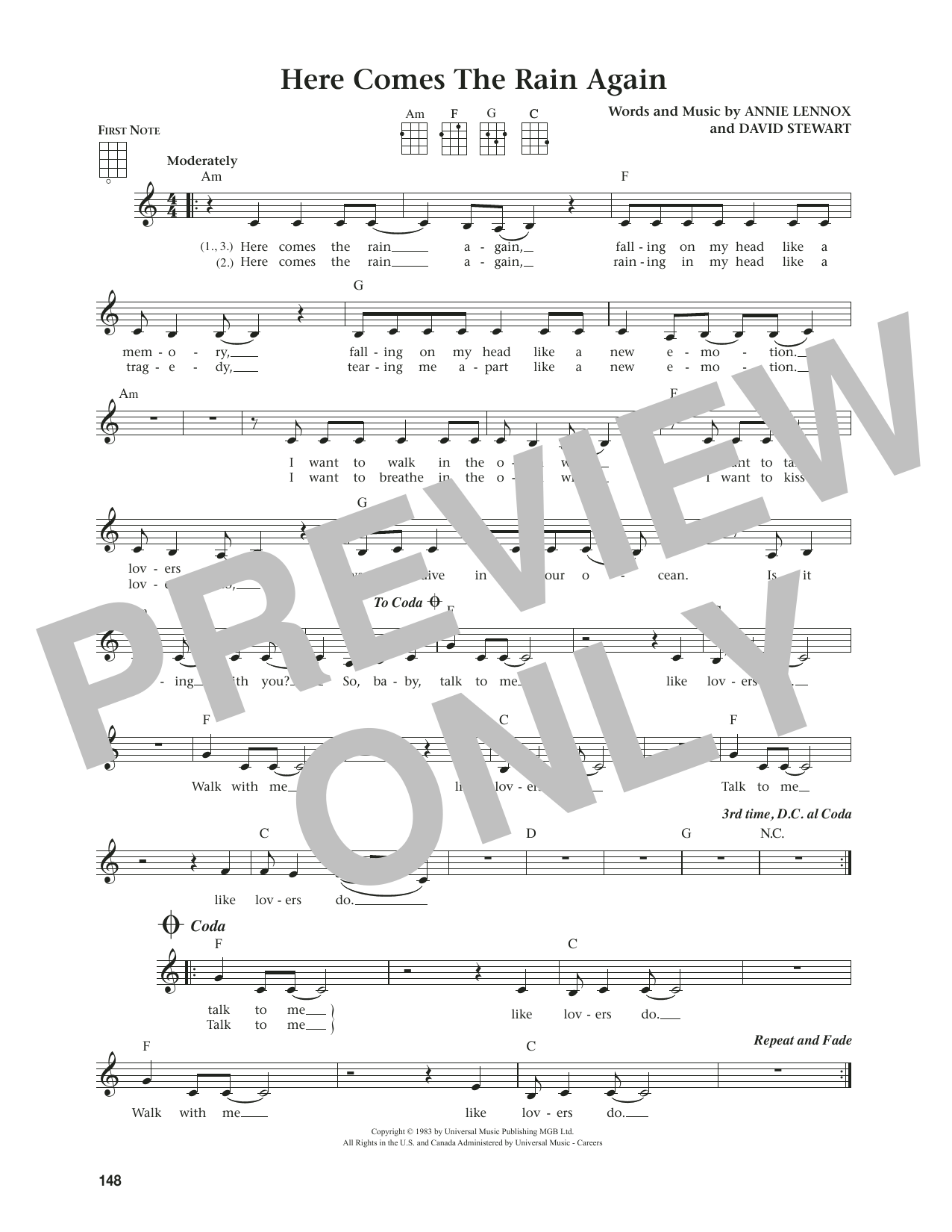 Eurythmics Here Comes The Rain Again (from The Daily Ukulele) (arr. Jim Beloff) sheet music notes and chords. Download Printable PDF.