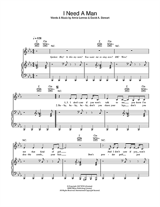 Eurythmics I Need A Man sheet music notes and chords. Download Printable PDF.