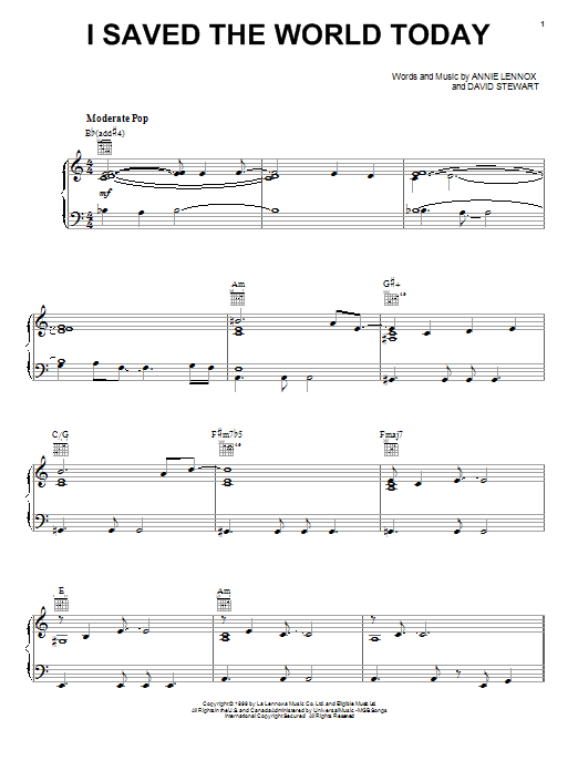 Eurythmics I Saved The World Today sheet music notes and chords. Download Printable PDF.