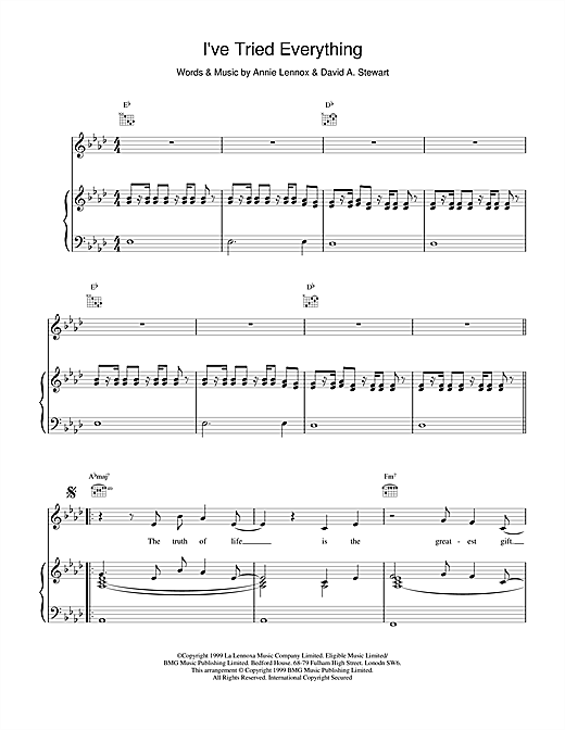 Eurythmics I've Tried Everything sheet music notes and chords. Download Printable PDF.