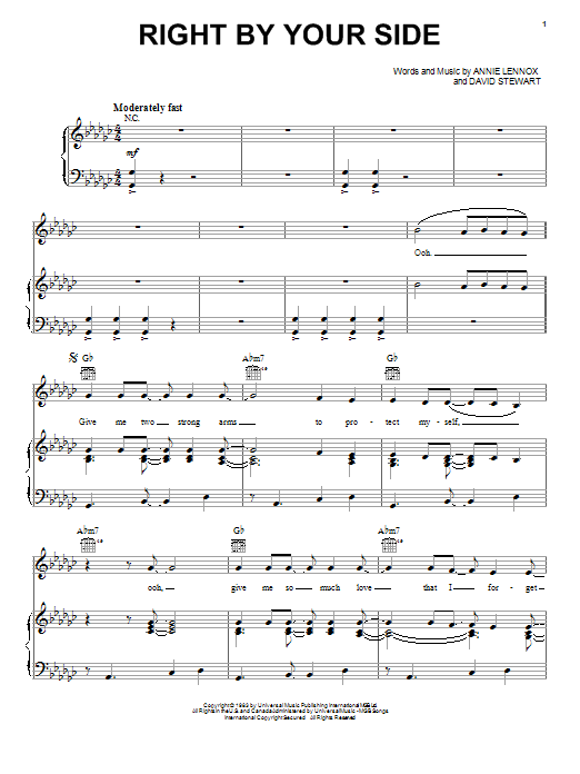 Eurythmics Right By Your Side sheet music notes and chords. Download Printable PDF.