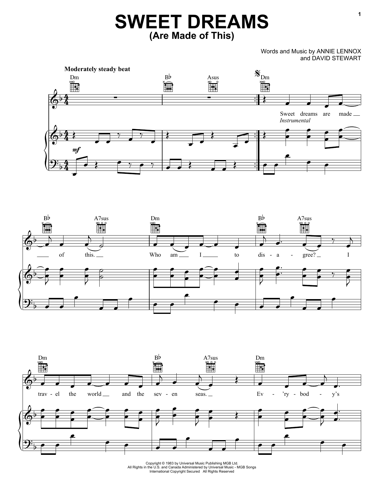 Eurythmics Sweet Dreams (Are Made Of This) sheet music notes and chords. Download Printable PDF.