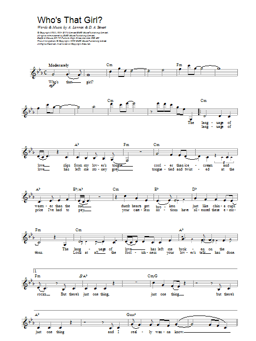 Eurythmics Who's That Girl? sheet music notes and chords. Download Printable PDF.