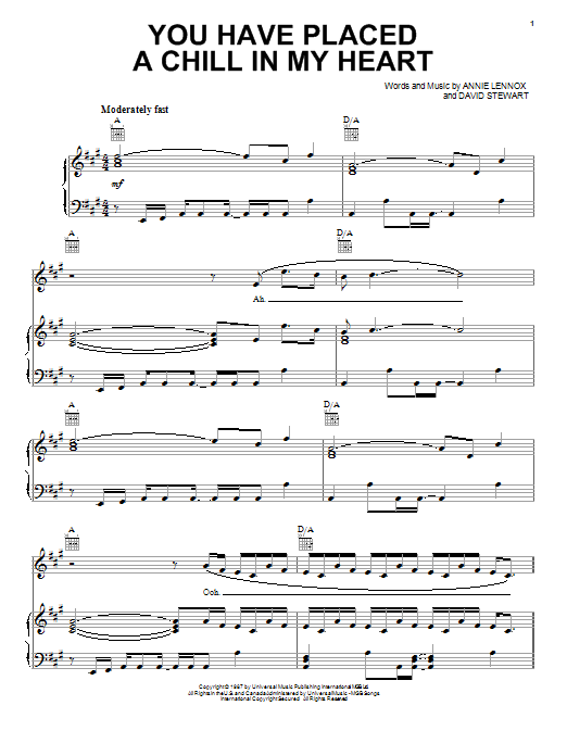 Learn to play Eurythmics You Have Placed A Chill In My Heart sheet music for Piano, Vocal & Guitar (Right-Hand Melody) in minutes. Eurythmics You Have Placed A Chill In My Heart sheet music notes and chords. Download Printable PDF.