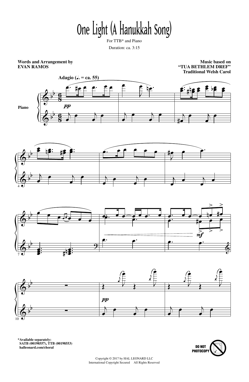 Learn to play Evan Ramos One Light (A Hanukkah Song) sheet music for TTBB Choir in minutes. Price: 3.9900$ Evan Ramos One Light (A Hanukkah Song) sheet music notes and chords arranged for TTBB Choir