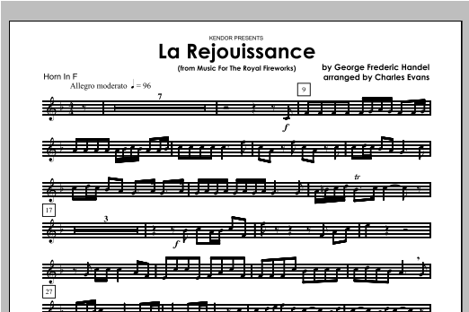 Learn to play Evans La Rejouissance (from Music For The Royal Fireworks) - Horn sheet music for Brass Ensemble in minutes. Evans La Rejouissance (from Music For The Royal Fireworks) - Horn sheet music notes and chords. Download Printable PDF.