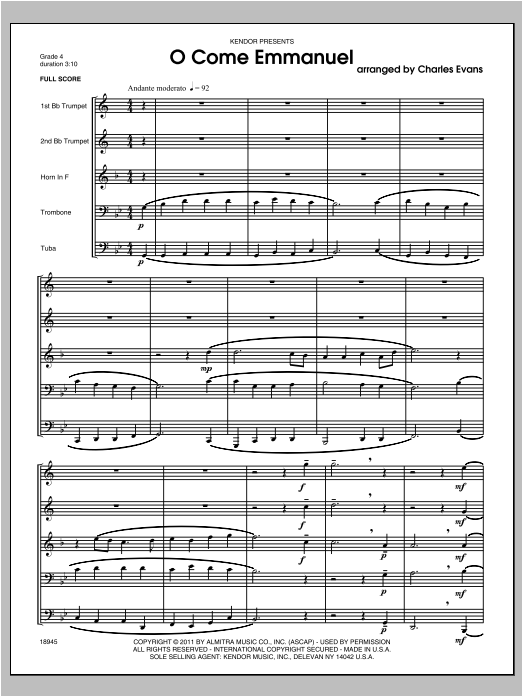 Learn to play Evans O Come Emmanuel - Full Score sheet music for Brass Ensemble in minutes. Evans O Come Emmanuel - Full Score sheet music notes and chords. Download Printable PDF.