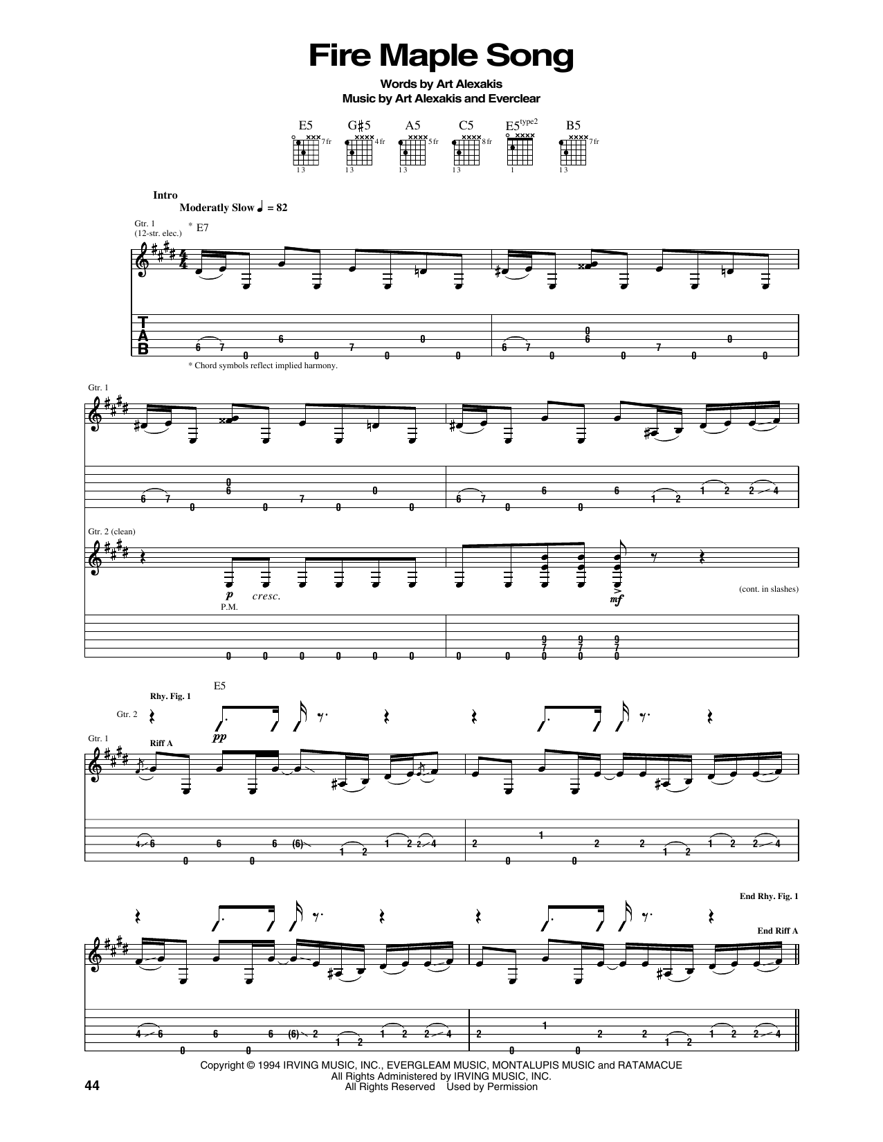 Everclear Fire Maple Song sheet music notes and chords. Download Printable PDF.