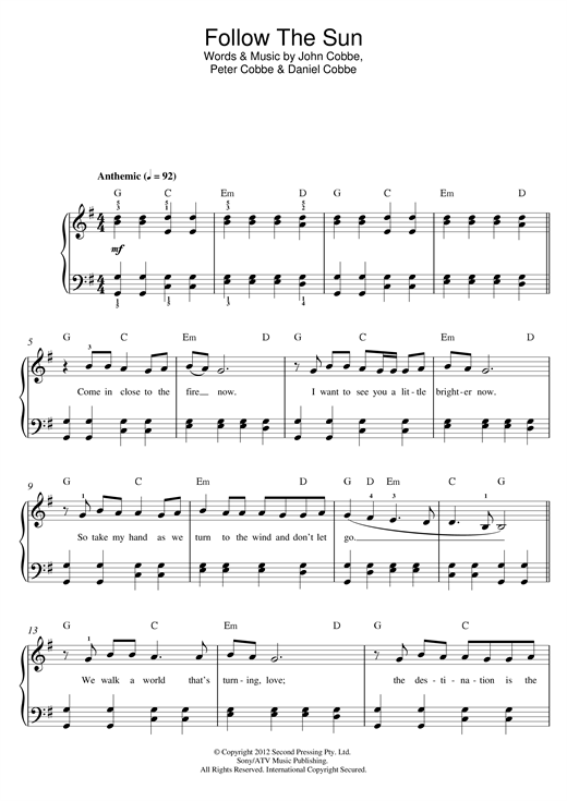 Evermore Follow The Sun sheet music notes and chords. Download Printable PDF.