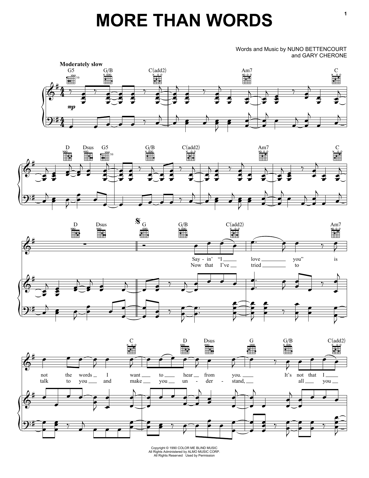 Preview Extreme More Than Words Metal sheet music, notes and chords for Piano, Vocal & Guitar (Right-Hand Melody), SKU: 19491 sheet music, piano notes, chords, guitar tabs, score, transpose, transcribe, how to play, guide, download, learn, tutorial, progression, song, artist, awards, billboard, mtv, vh1, tour, single, album, release