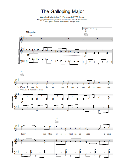 Learn to play F.W. Leigh & G. Bastow The Galloping Major sheet music for Piano, Vocal & Guitar (Right-Hand Melody) in minutes. Price: 7.8900$ F.W. Leigh & G. Bastow The Galloping Major sheet music notes and chords. Download Printable PDF.