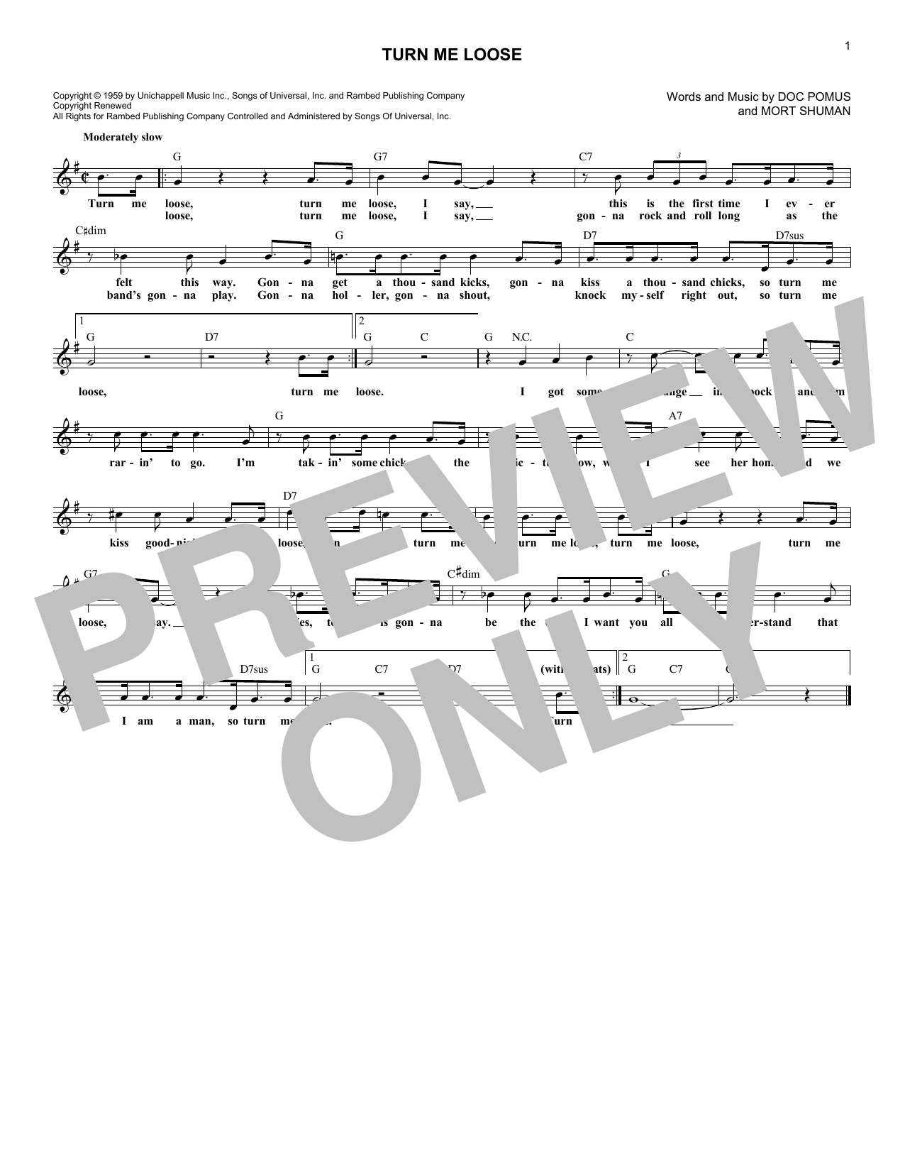 Fabian Turn Me Loose sheet music notes and chords. Download Printable PDF.