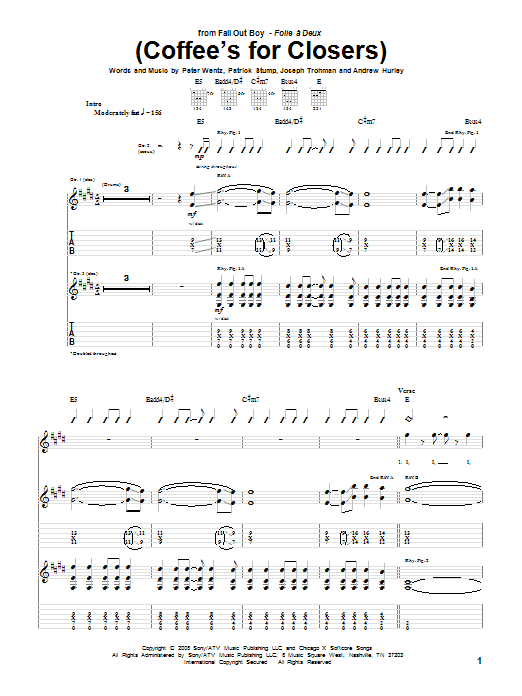 Learn to play Fall Out Boy (Coffee's For Closers) sheet music for Guitar Tab in minutes. Price: 7.8900$ Fall Out Boy (Coffee's For Closers) sheet music notes and chords arranged for Guitar Tab