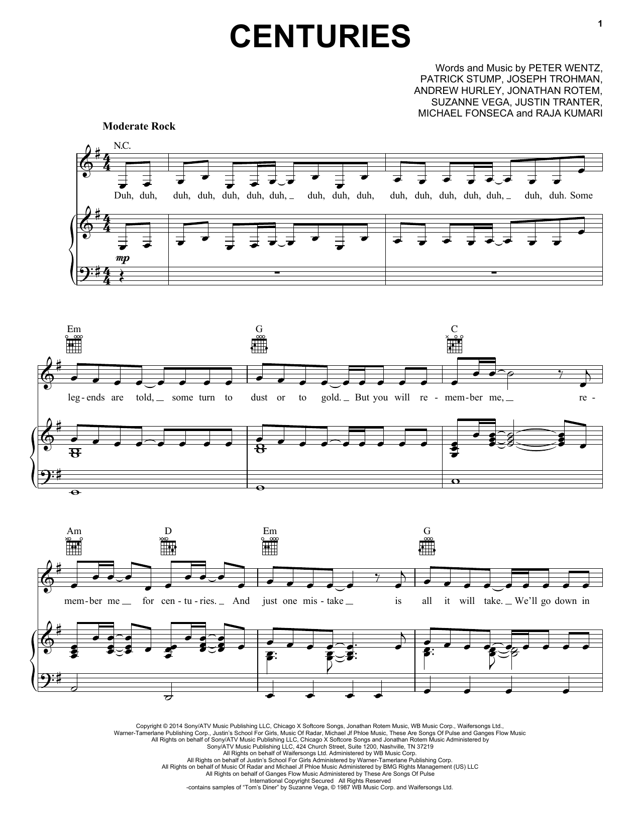 Fall Out Boy Centuries sheet music notes and chords. Download Printable PDF.
