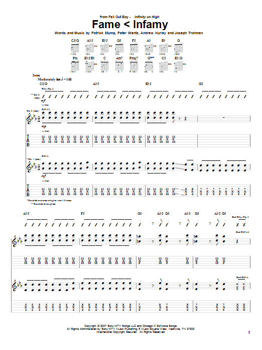 Learn to play Fall Out Boy Fame < Infamy sheet music for Guitar Tab in minutes. Fall Out Boy Fame < Infamy sheet music notes and chords. Download Printable PDF.