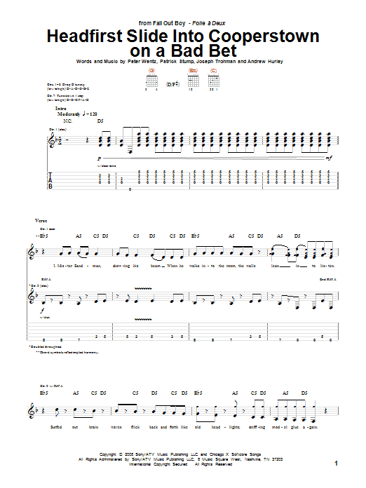 Learn to play Fall Out Boy Headfirst Slide Into Cooperstown On A Bad Bet sheet music for Guitar Tab in minutes. Price: 7.8900$ Fall Out Boy Headfirst Slide Into Cooperstown On A Bad Bet sheet music notes and chords arranged for Guitar Tab