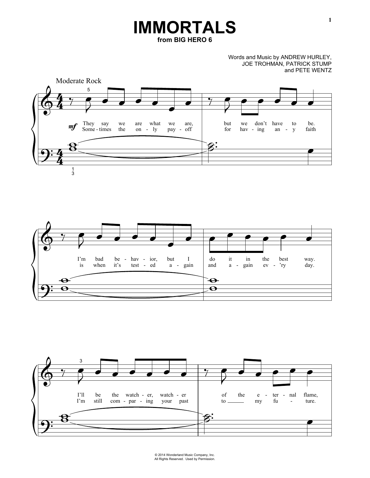 Fall Out Boy Immortals (from Big Hero 6) sheet music notes and chords. Download Printable PDF.