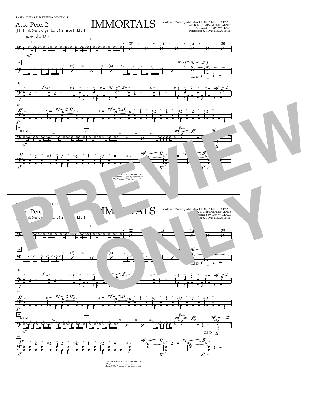 Learn to play Fall Out Boy Immortals (from Big Hero 6) (arr. Tom Wallace) - Aux. Perc. 2 sheet music for Marching Band in minutes. Price: 7.8900$ Fall Out Boy Immortals (from Big Hero 6) (arr. Tom Wallace) - Aux. Perc. 2 sheet music notes and chords arranged for Marching Band