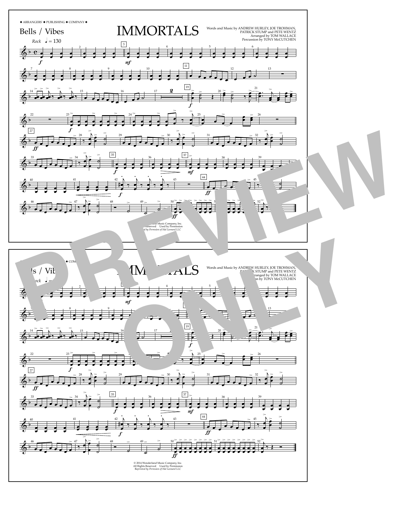 Learn to play Fall Out Boy Immortals (from Big Hero 6) (arr. Tom Wallace) - Bells/Vibes sheet music for Marching Band in minutes. Price: 7.8900$ Fall Out Boy Immortals (from Big Hero 6) (arr. Tom Wallace) - Bells/Vibes sheet music notes and chords arranged for Marching Band