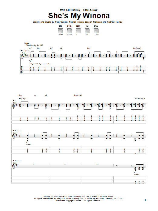 Fall Out Boy She's My Winona sheet music notes and chords arranged for Guitar Tab